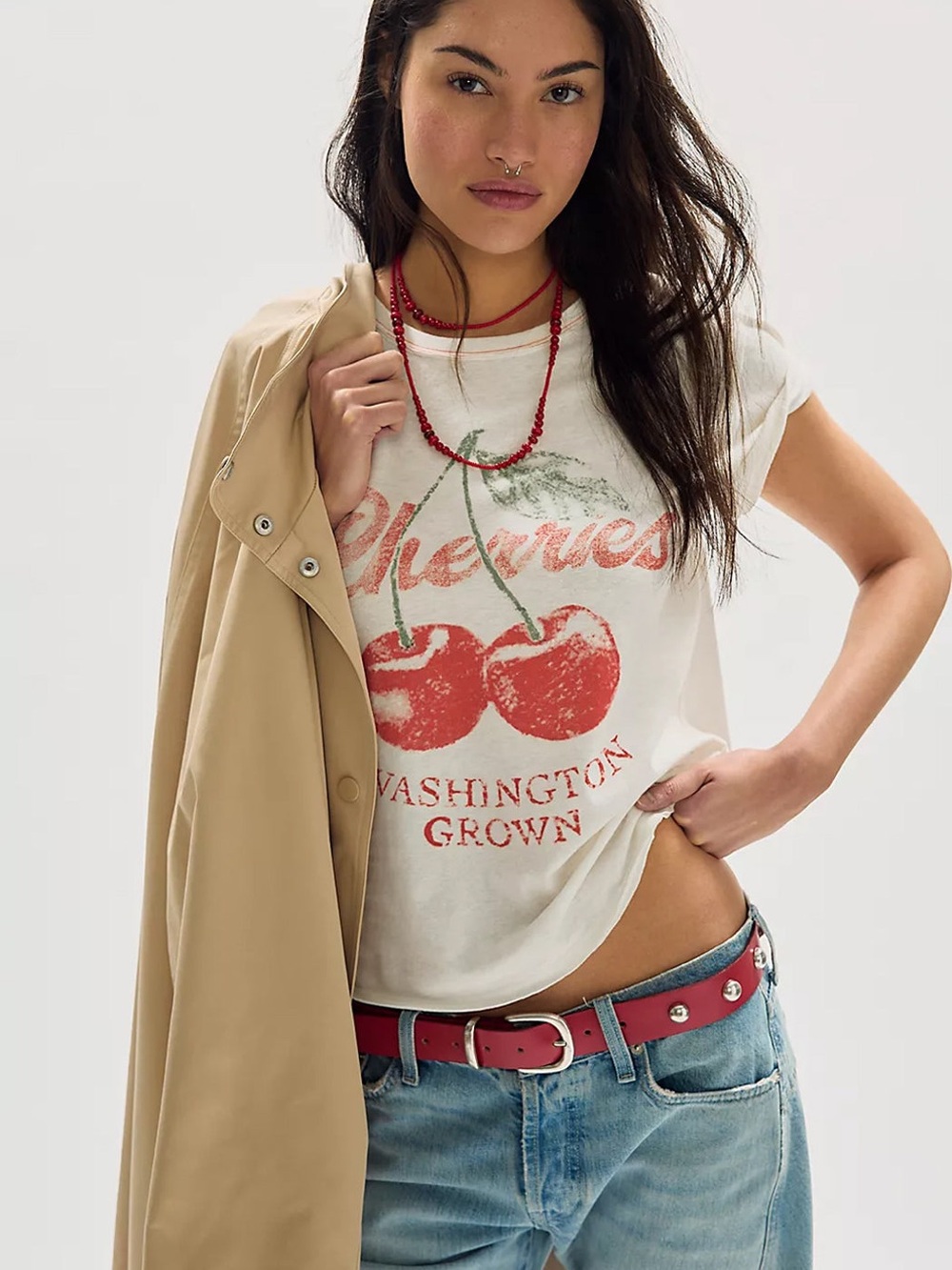 Free People Nova We The Free  Graphic Cherry Vintage Tee organic cotton NWOT L